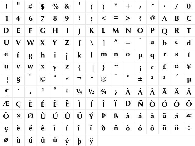 Optima LT Std Bold  glyph index