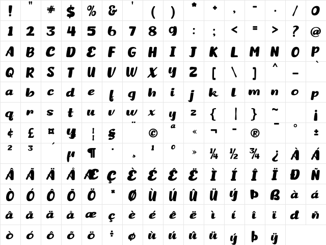 Brancho Regular  glyph index