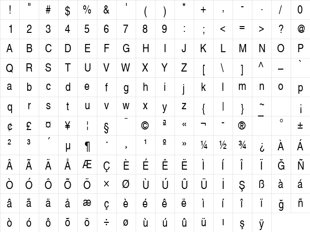 NimbusSanLTUCon Regular  glyph index