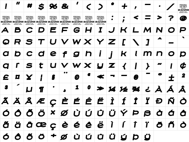 Capoon PERSONAL USE Black Italic  glyph index