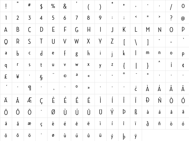 Neutraface Condensed Medium  glyph index