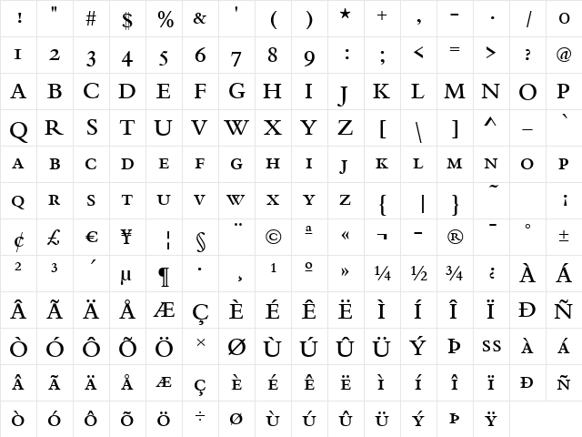 Bergamo-Caps Bold  glyph index