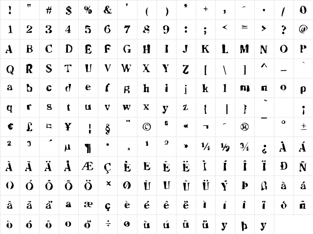 DTCDirtyM09 Regular  glyph index