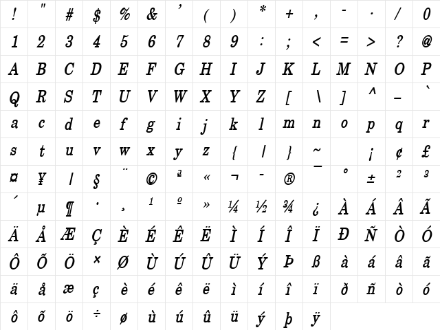 New Boston-Condensed Bold Italic  glyph index