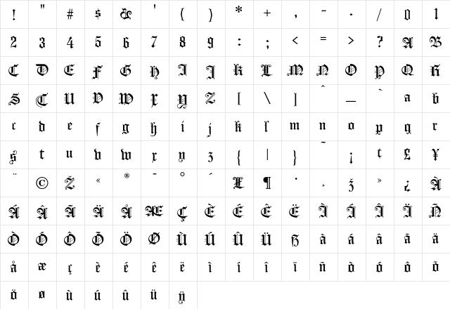 Konigsburg Regular  glyph index