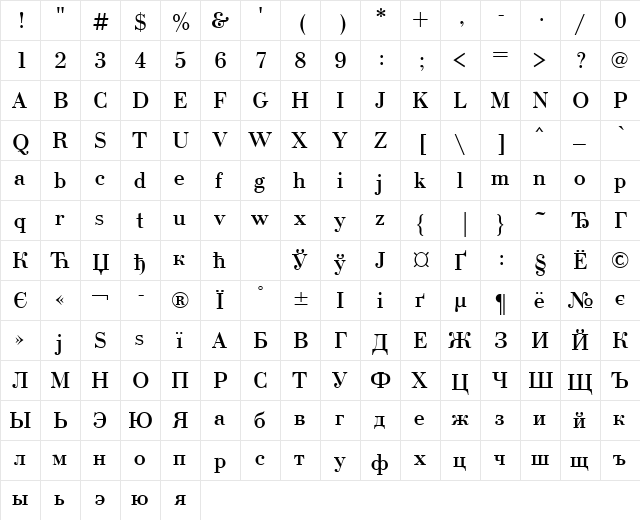 BodoniCTT Regular  glyph index