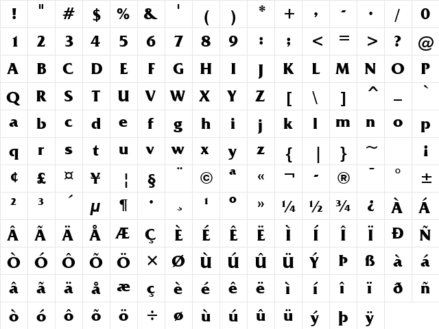 FrizQuadrata BT Bold  glyph index