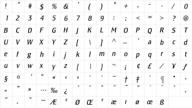 LesmoreBookCondensedItalic Regular  glyph index