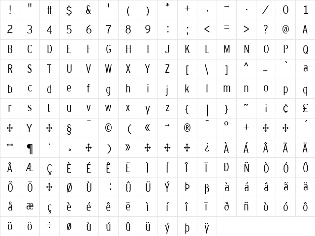 Interstate Cond Mono - Lgt Regular  glyph index