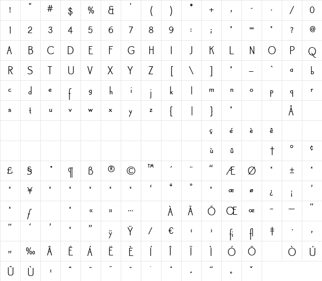 Canterbury Sans RR Bold  glyph index