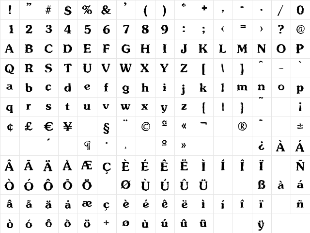 SunsetRandom Bold  glyph index