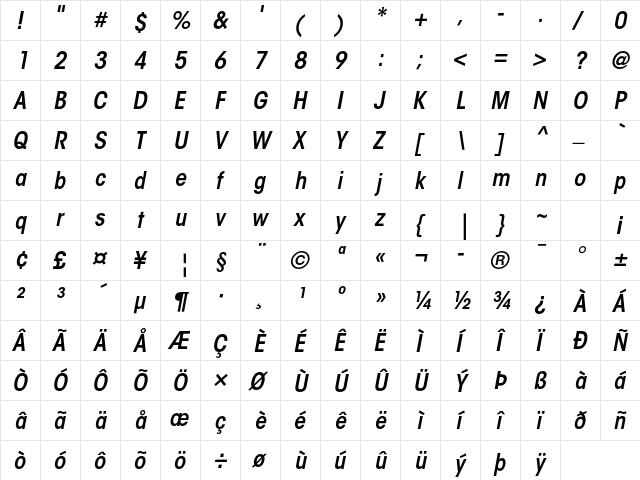 ITC Avant Garde Gothic Std Demi Condensed Oblique  glyph index