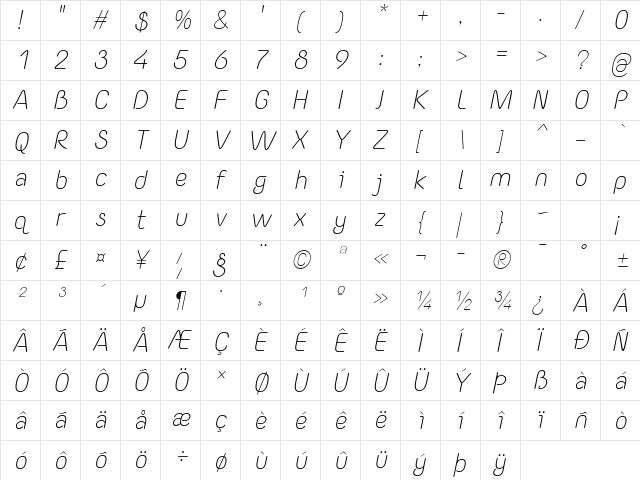 Yaahowu Light Italic Italic  glyph index