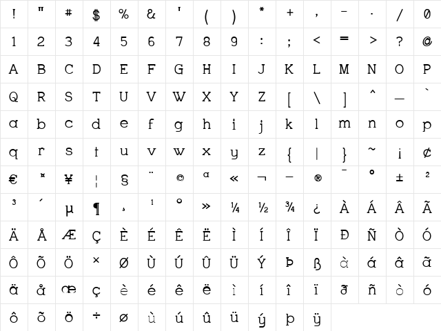 Charrington SemiBold Regular  glyph index