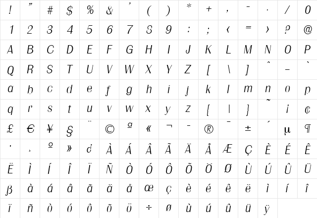 JesseBecker-ExtraLight Italic  glyph index