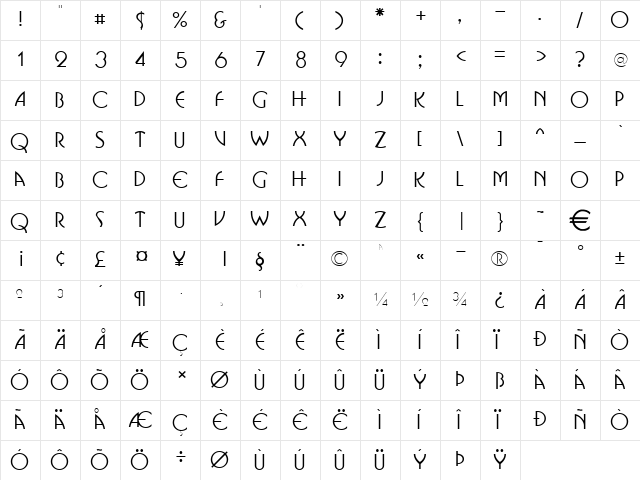 BussoNarrow Normal  glyph index