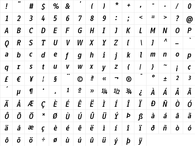 InfoOffice BoldItalic  glyph index