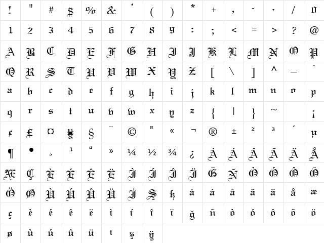 TR Lincoln Plain  glyph index