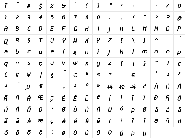 TantalusBoldItalic Regular  glyph index