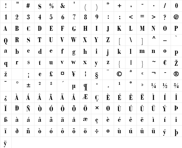 BauerBodoni LT BoldCond Regular  glyph index