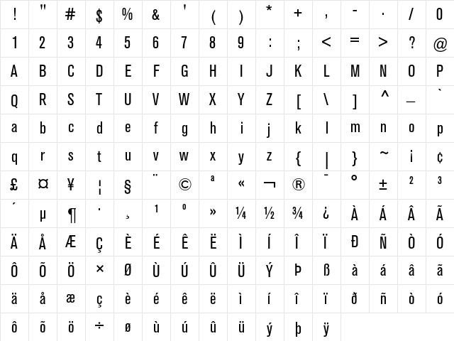Berthold Akzidenz Grotesk BE Condensed  glyph index
