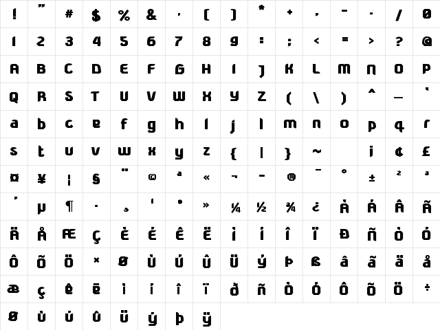 Sasquetchean black Bold  glyph index