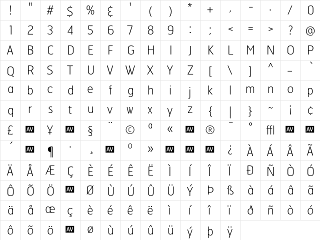 Hermes Thin  glyph index