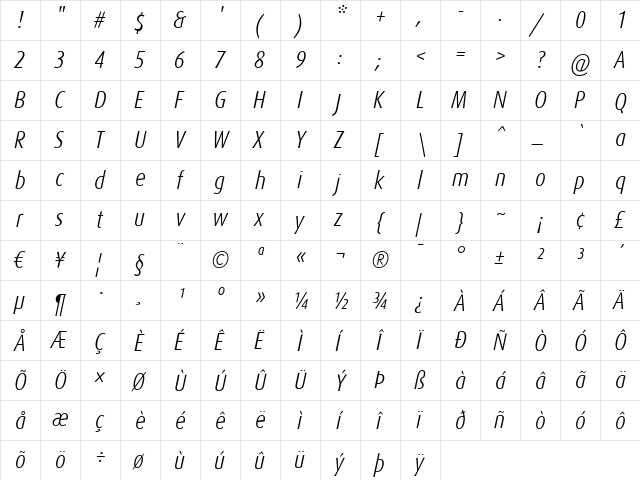 DaxCondensed-LightItalic Regular  glyph index