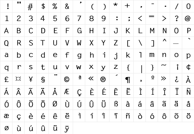 LetterGothic-Bold Wd Regular  glyph index