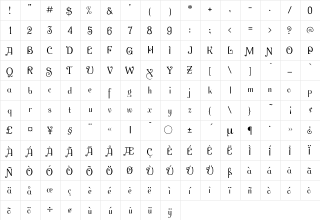 Davenport Regular  glyph index