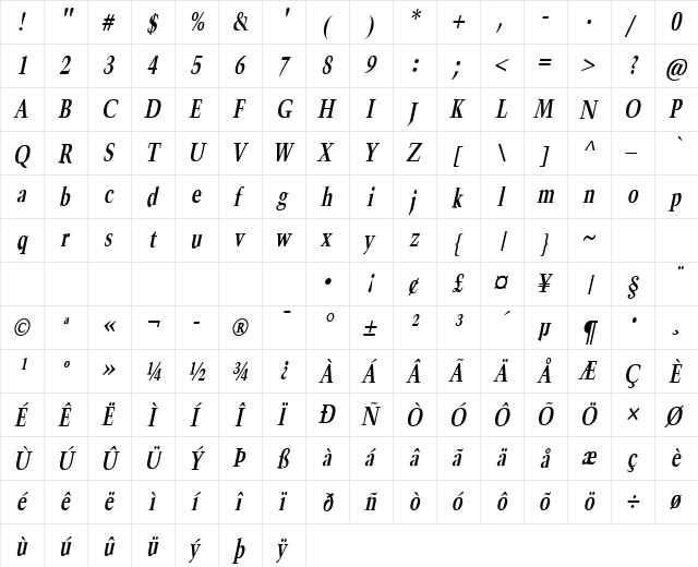 Horn-Condensed Bold Italic  glyph index