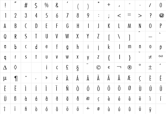 FunctionCondTwoLight Regular  glyph index