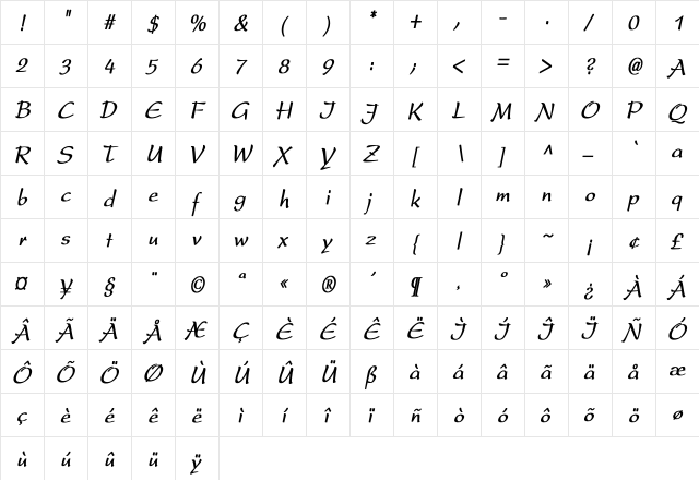 Present Cn Bold Italic Bold Italic  glyph index