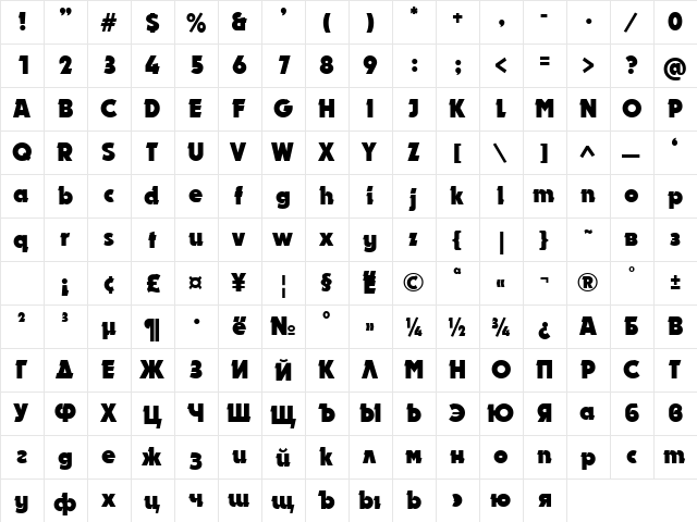 Dynar Bold  glyph index