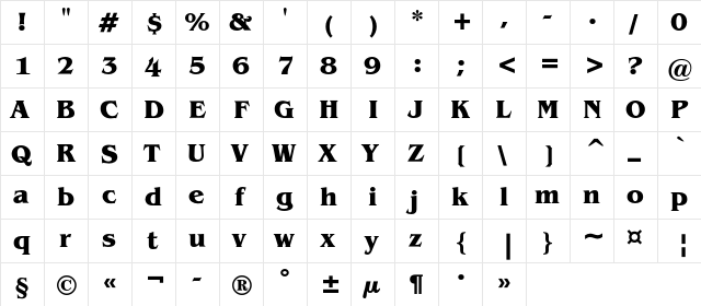 BeneficeHeavyAP Regular  glyph index
