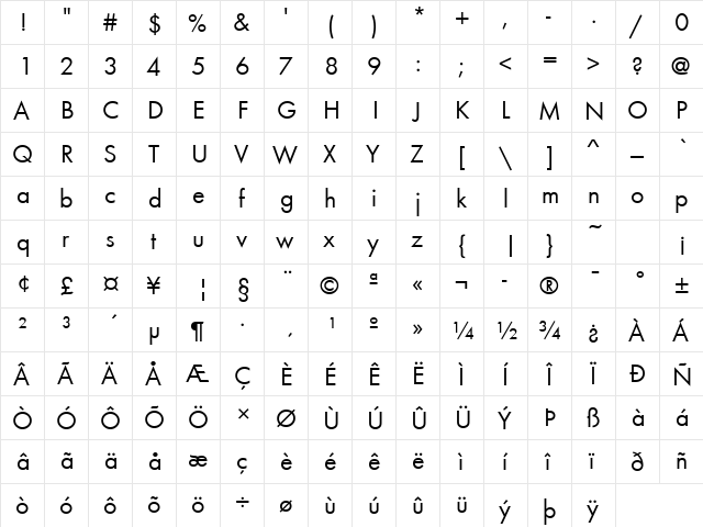 FuturaT Regular  glyph index