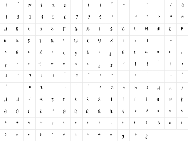 Miss Amalia Regular  glyph index