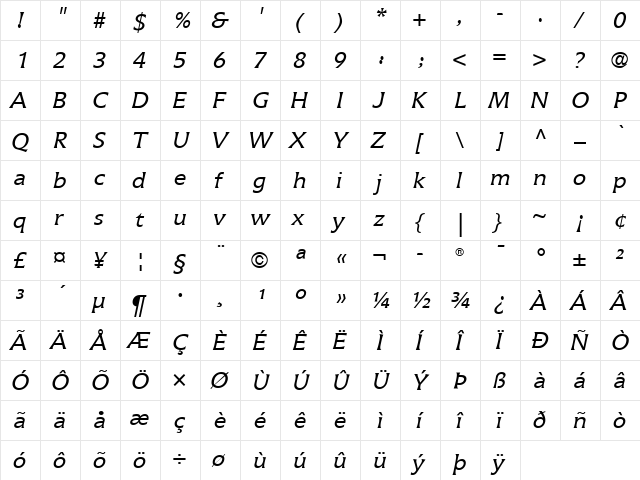 Icone LT Regular Italic  glyph index