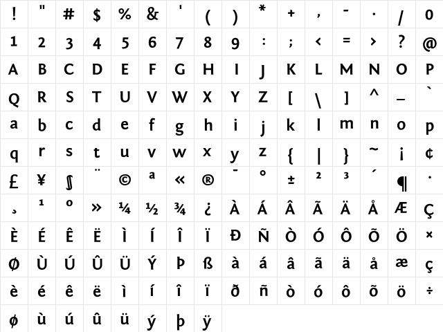 Fontin Sans Bold  glyph index