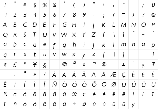Chantilly-Serial-Light RegularItalic  glyph index