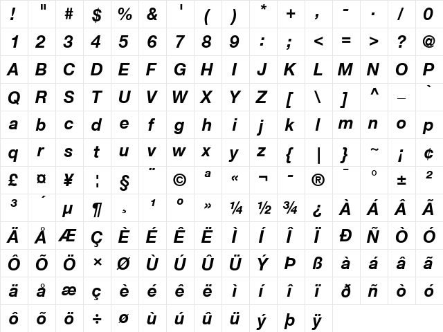 Helvetica 55 Roman Bold Italic  glyph index