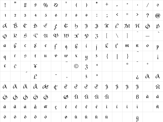 Horloge Regular  glyph index