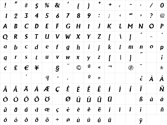 JacobBeckerAntique BoldItalic  glyph index