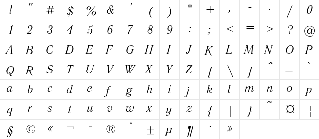 LiteraturnayaC Italic  glyph index