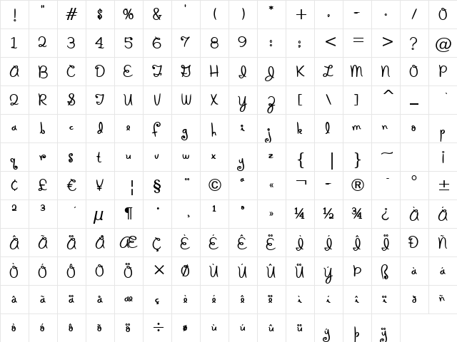 Holiday Springs BTN Quill Bold  glyph index