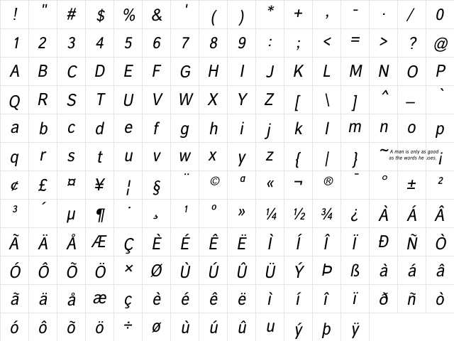 Carnova Oblique Regular  glyph index