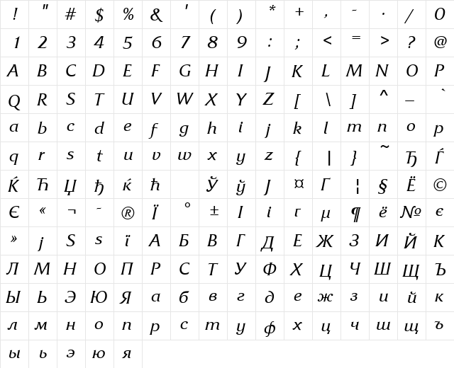 FrizQuadrataCTT Italic  glyph index
