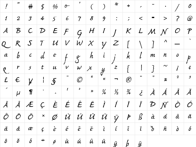 Bouwsma Script Regular  glyph index