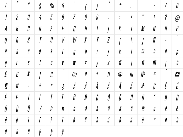 Trump Gothic West Italic  glyph index