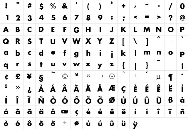 Futura ICG Bold  glyph index